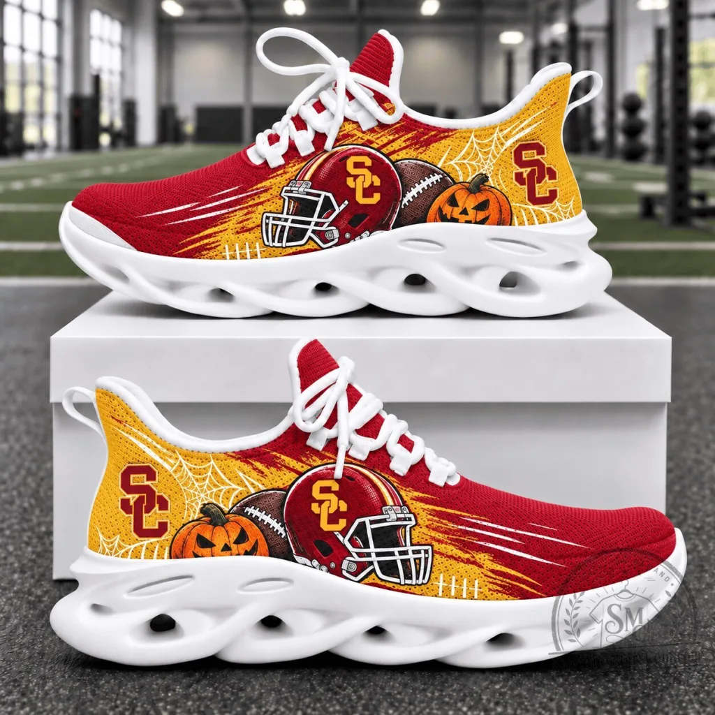 USC Trojans Football Halloween Pumpkin Spiderweb Sneakers Shoes USC Trojans Football Halloween Pumpkin Spiderweb Sneakers Shoes