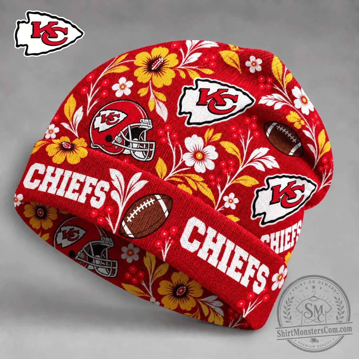 Kansas City Chiefs Football Team Floral Pattern Red Beanie Cap Hat