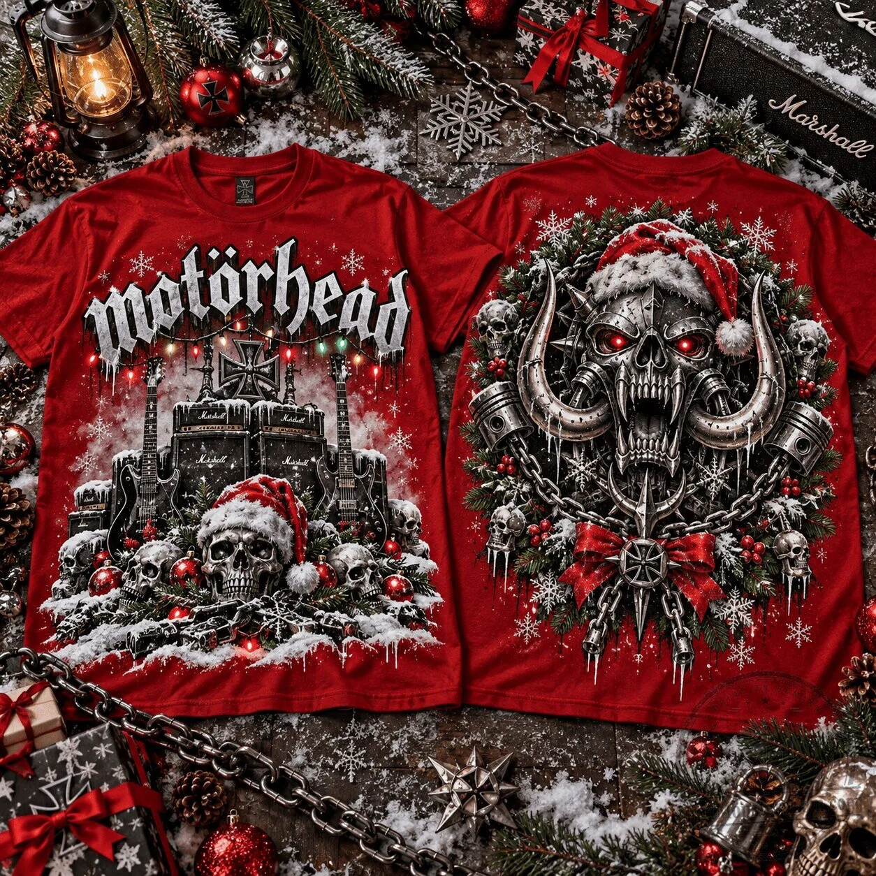 Motörhead Christmas Heavy Metal Band Skull Graphic Red T-Shirt